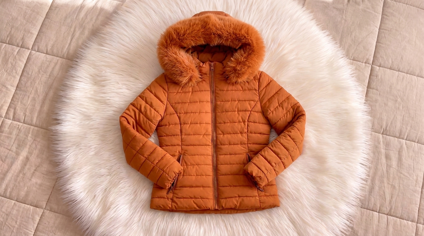 Jaqueta puffer com capuz de pelo, still de closet